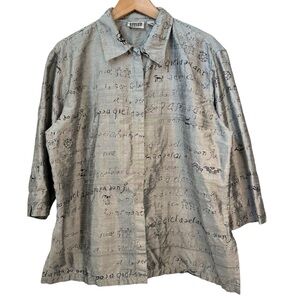 Chicos Vintage Silk Embroidered Runes Script Button Up Shirt 3 XL Silver Gray